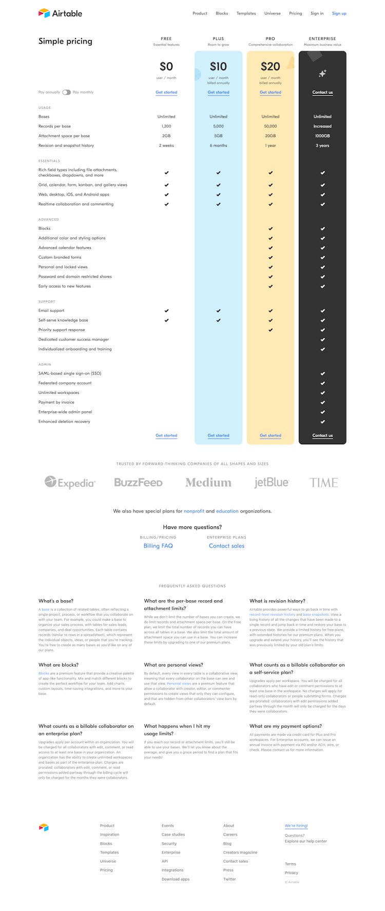 Airtable Pricing Page Design