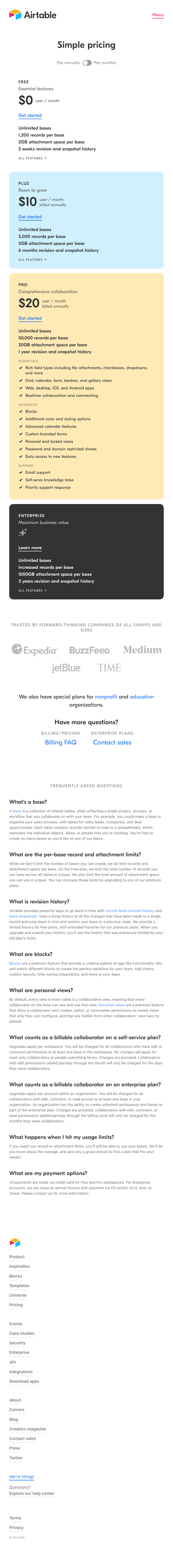 Airtable Pricing Page Design