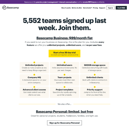 Basecamp Pricing Page Design