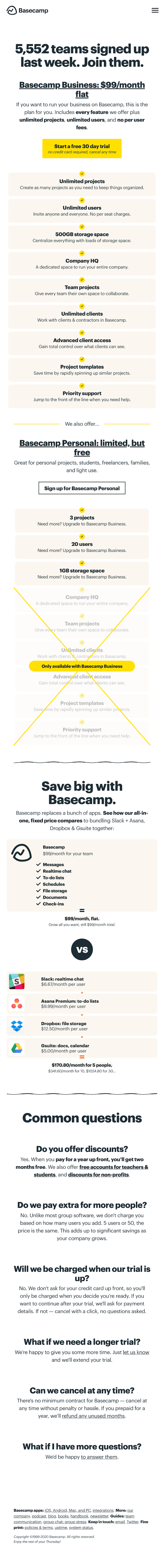 Basecamp Pricing Page Design