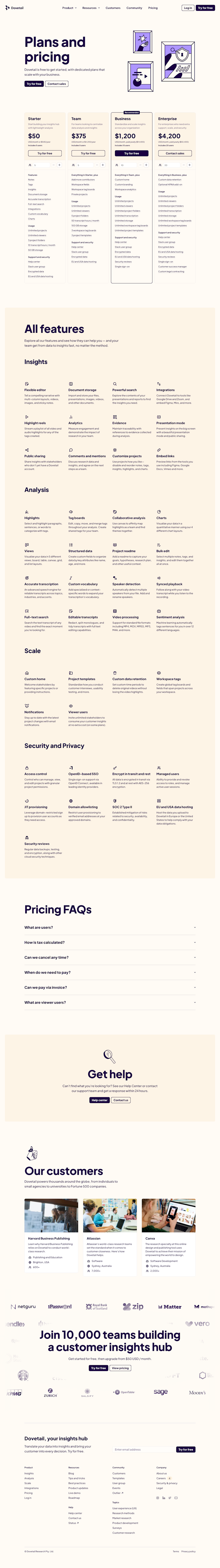 Dovetail Pricing Page Design