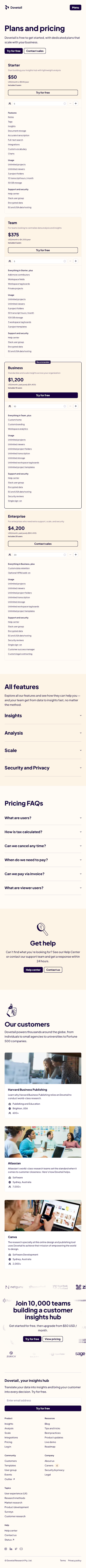 Dovetail Pricing Page Design