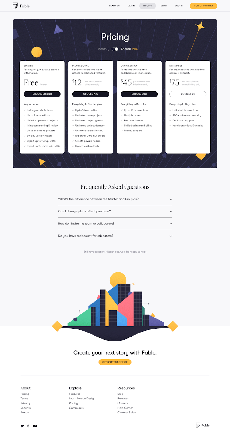 Fable Pricing Page Design