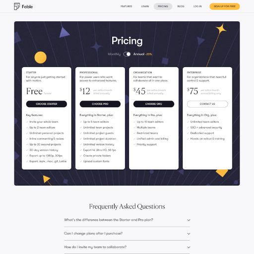 Fable Pricing Page Design