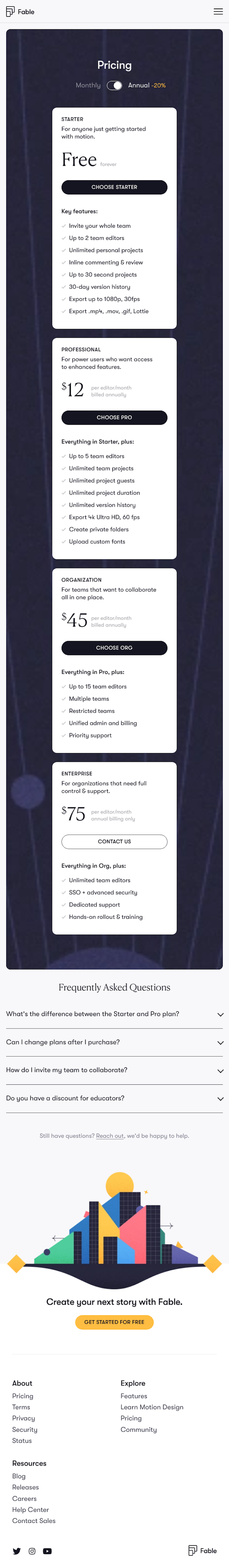 Fable Pricing Page Design