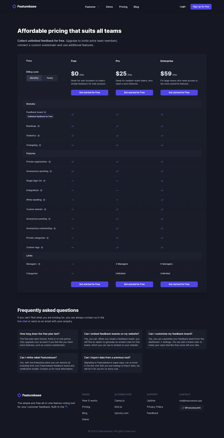 Featurebase Pricing Page Design
