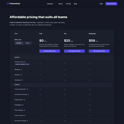 Featurebase Pricing Page Design