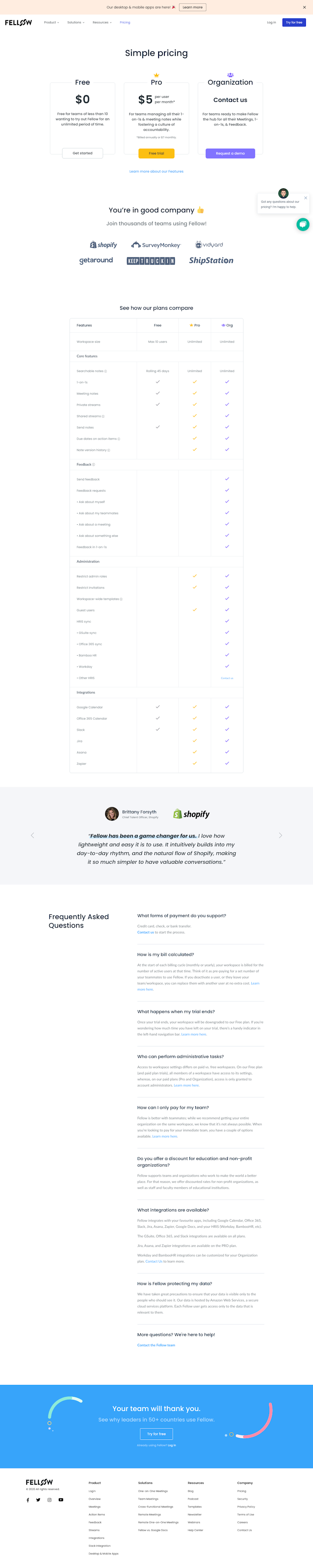 Fellow Pricing Page Design