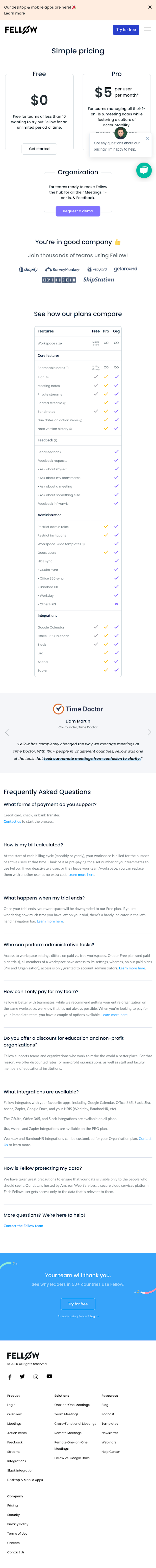 Fellow Pricing Page Design