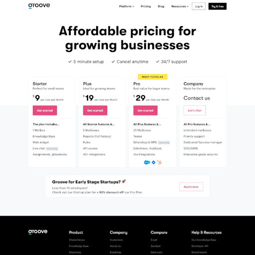 Groove Pricing Page Design