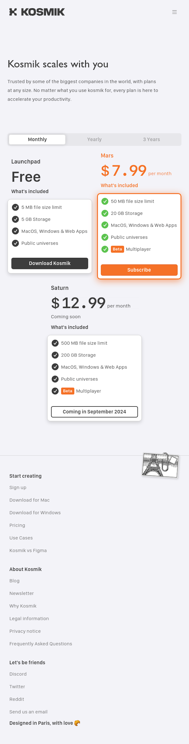 Kosmik Pricing Page Design