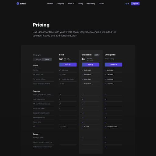 Linear Pricing Page Design