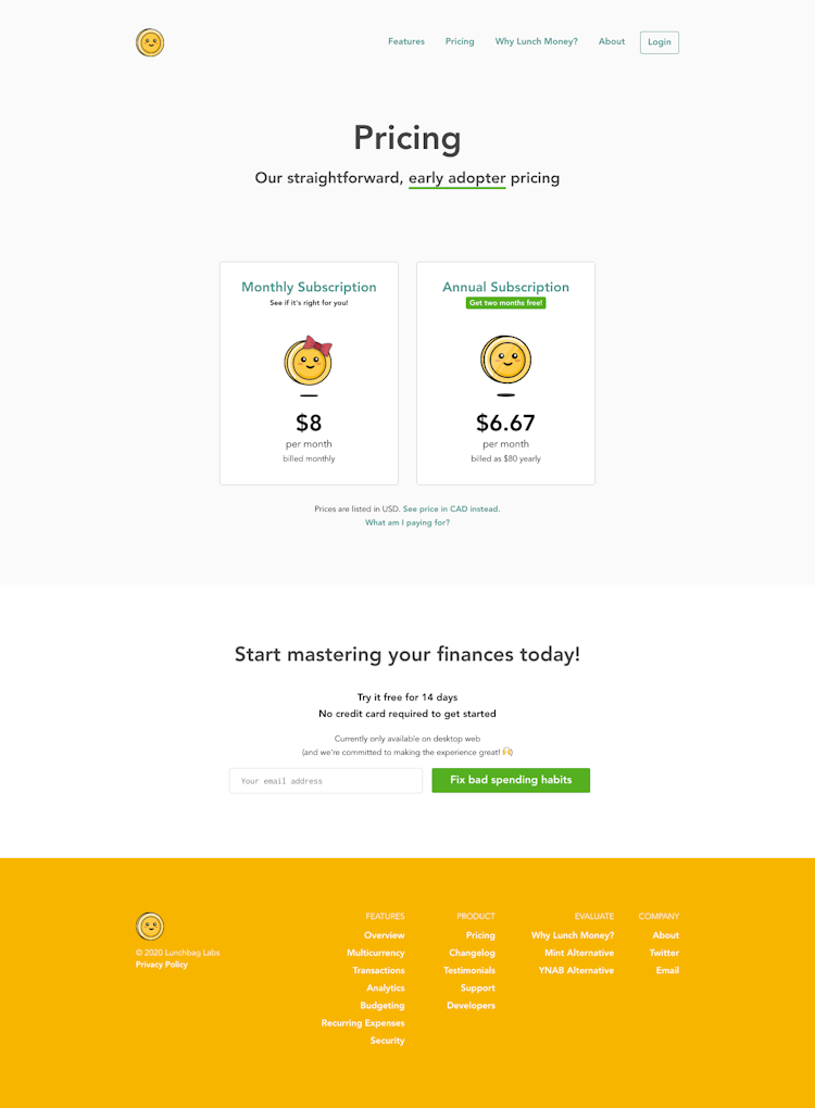Lunch Money Pricing Page Design