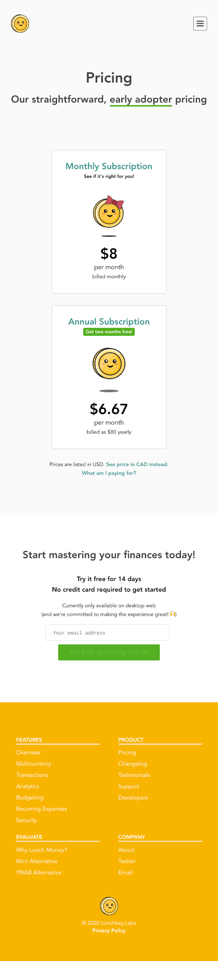 Lunch Money Pricing Page Design