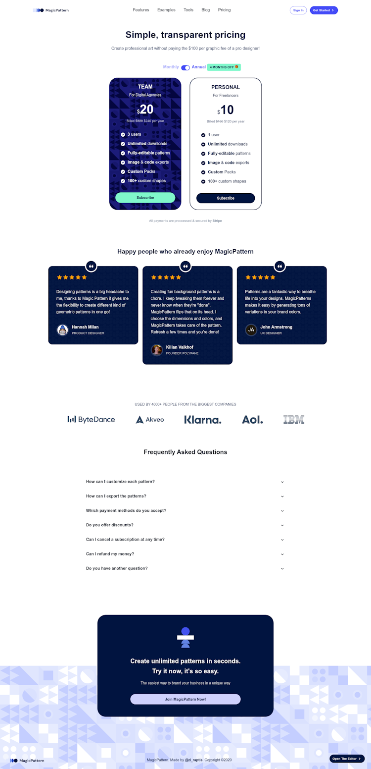 MagicPattern Pricing Page Design