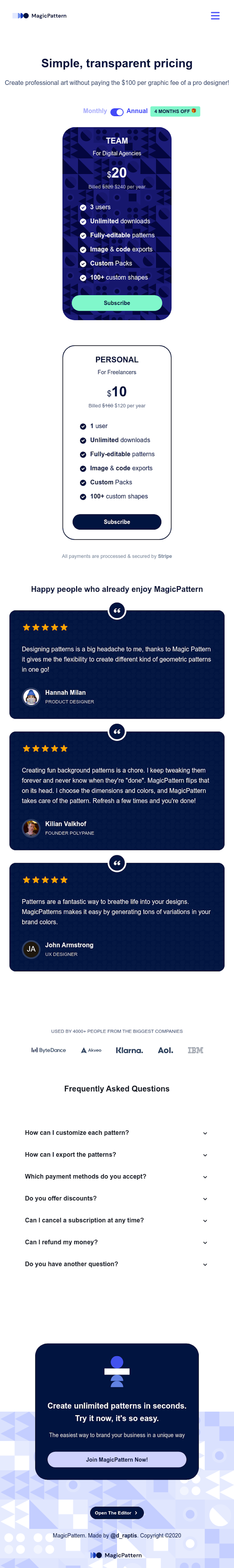 MagicPattern Pricing Page Design