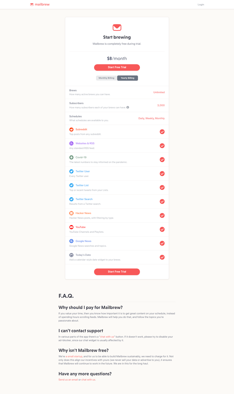 Mailbrew Pricing Page Design