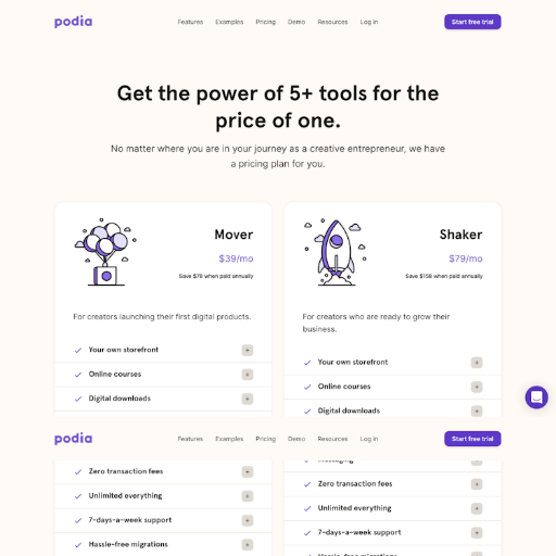Podia Pricing Page Design