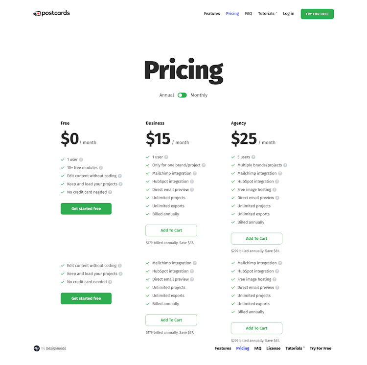Postcards Pricing Page Design