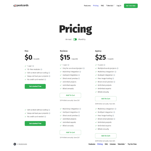 Postcards Pricing Page Design