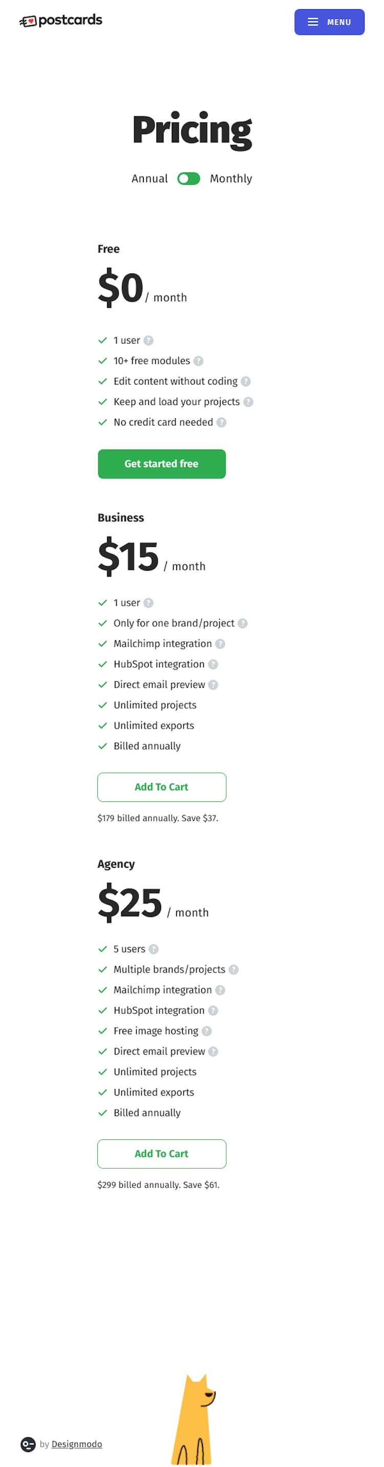 Postcards Pricing Page Design