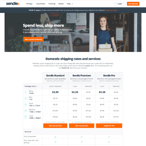 Sendle Pricing Page Design
