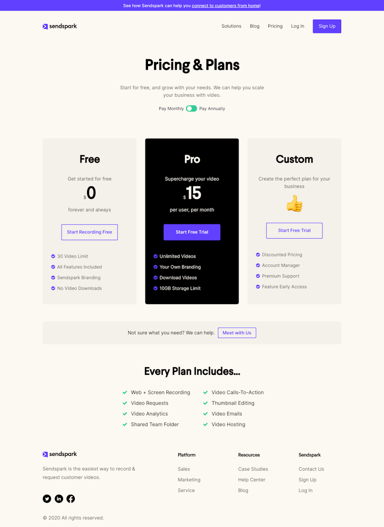 Sendspark Pricing Page Design