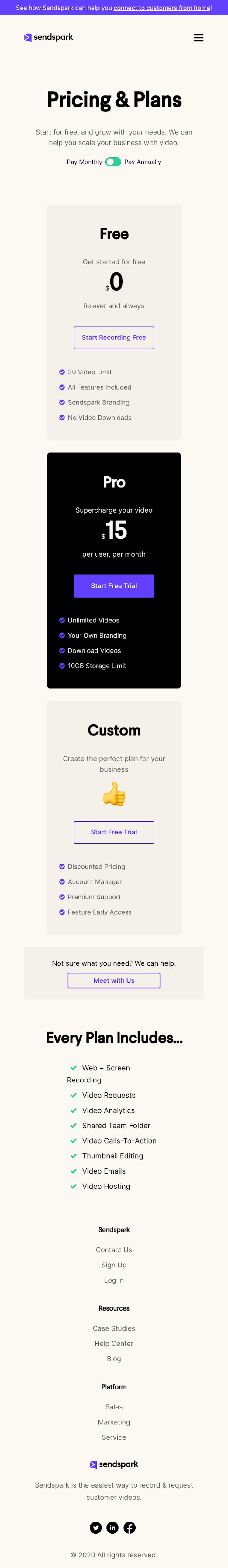 Sendspark Pricing Page Design