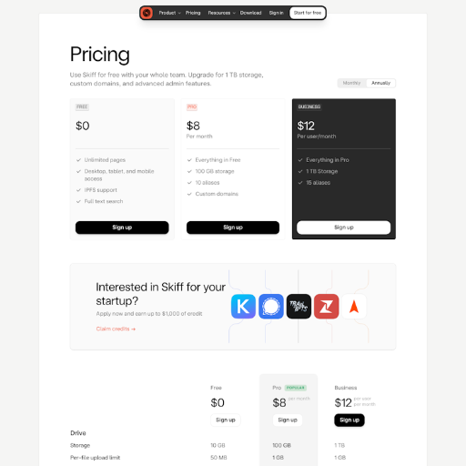 Skiff Pricing Page Design