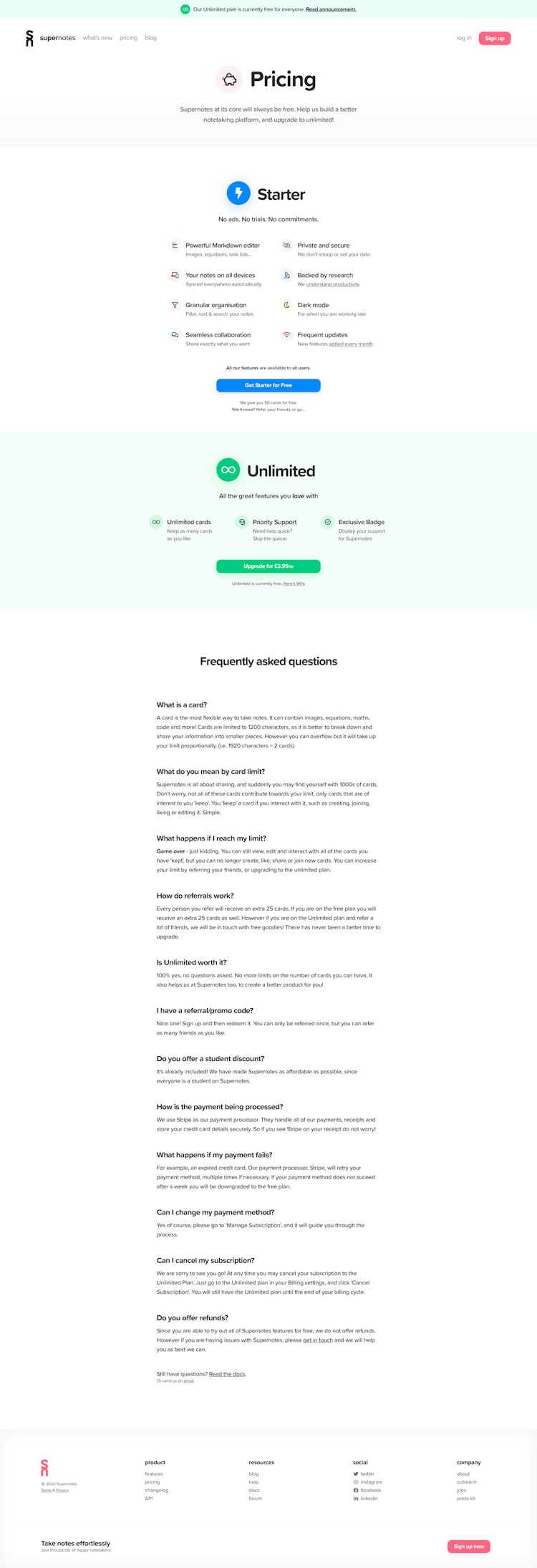 Supernotes Pricing Page Design