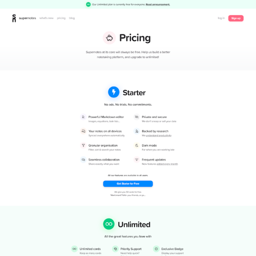 Supernotes Pricing Page Design