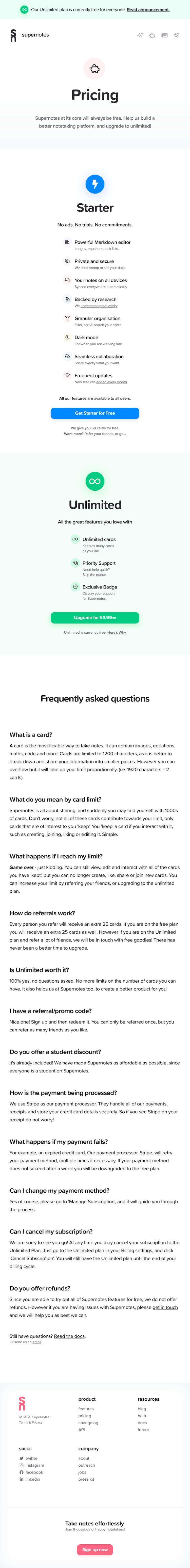 Supernotes Pricing Page Design