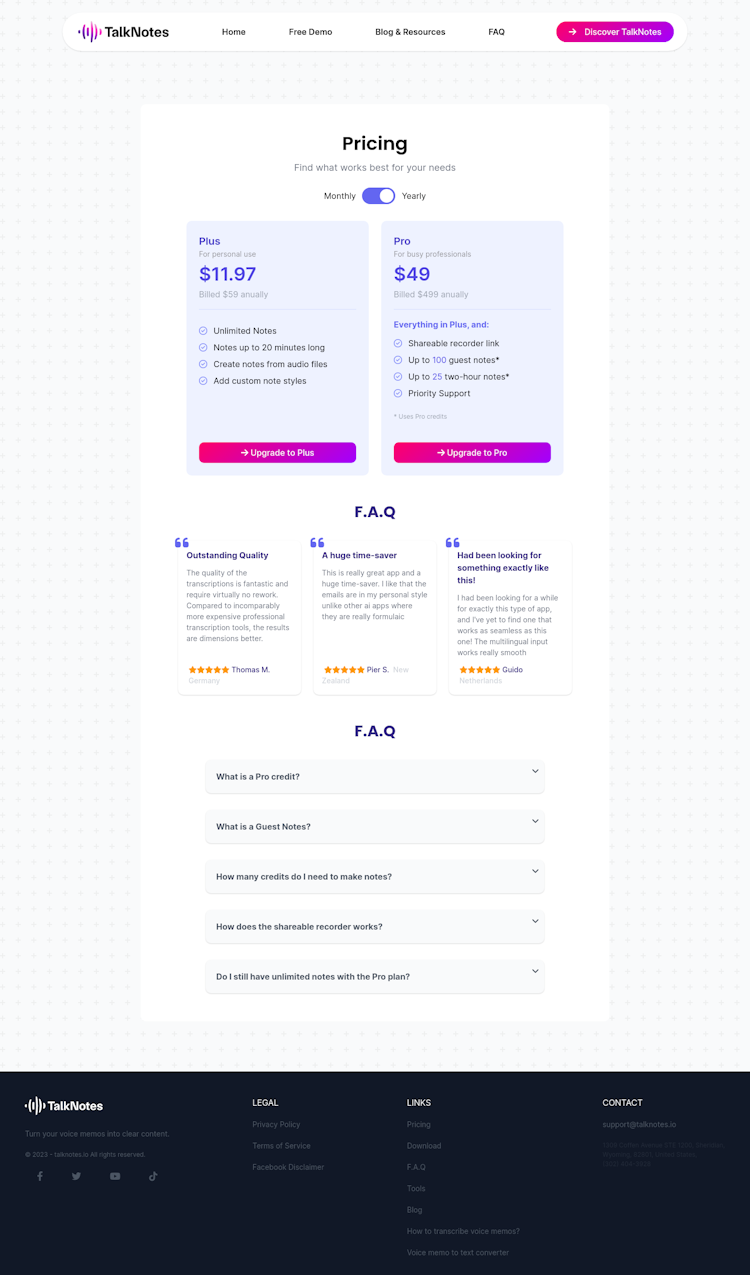 TalkNotes Pricing Page Design