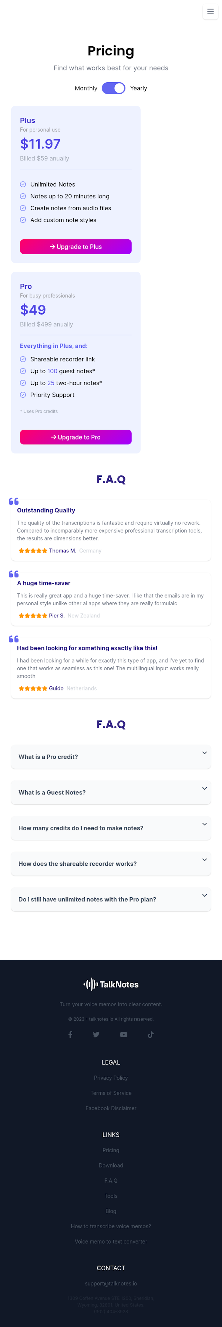 TalkNotes Pricing Page Design