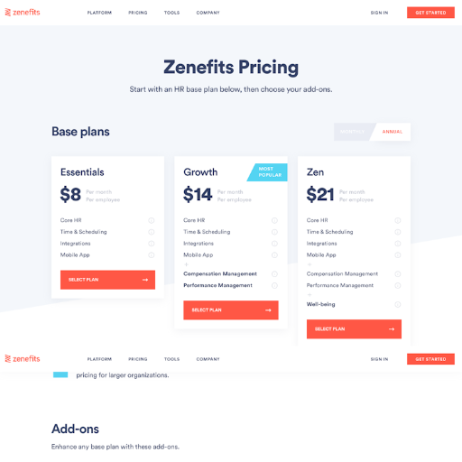 Zenefits Pricing Page Design