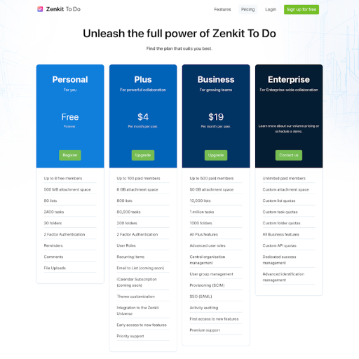 Zenkit Pricing Page Design